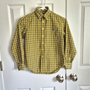 Ralph Lauren Boys Yellow Blue Plaid Button Down Dress Shirt Small 8 /‎ 10
